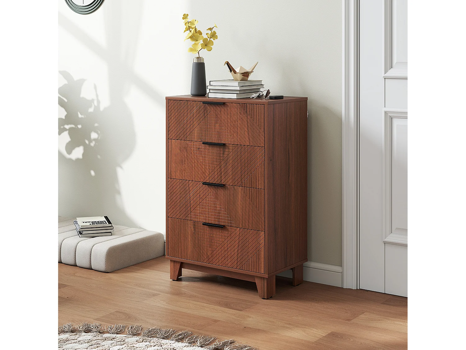 Commode 4 tiroirs style exotique effet bois de noyer sculpté dim. 60 x 36 x 90 cm