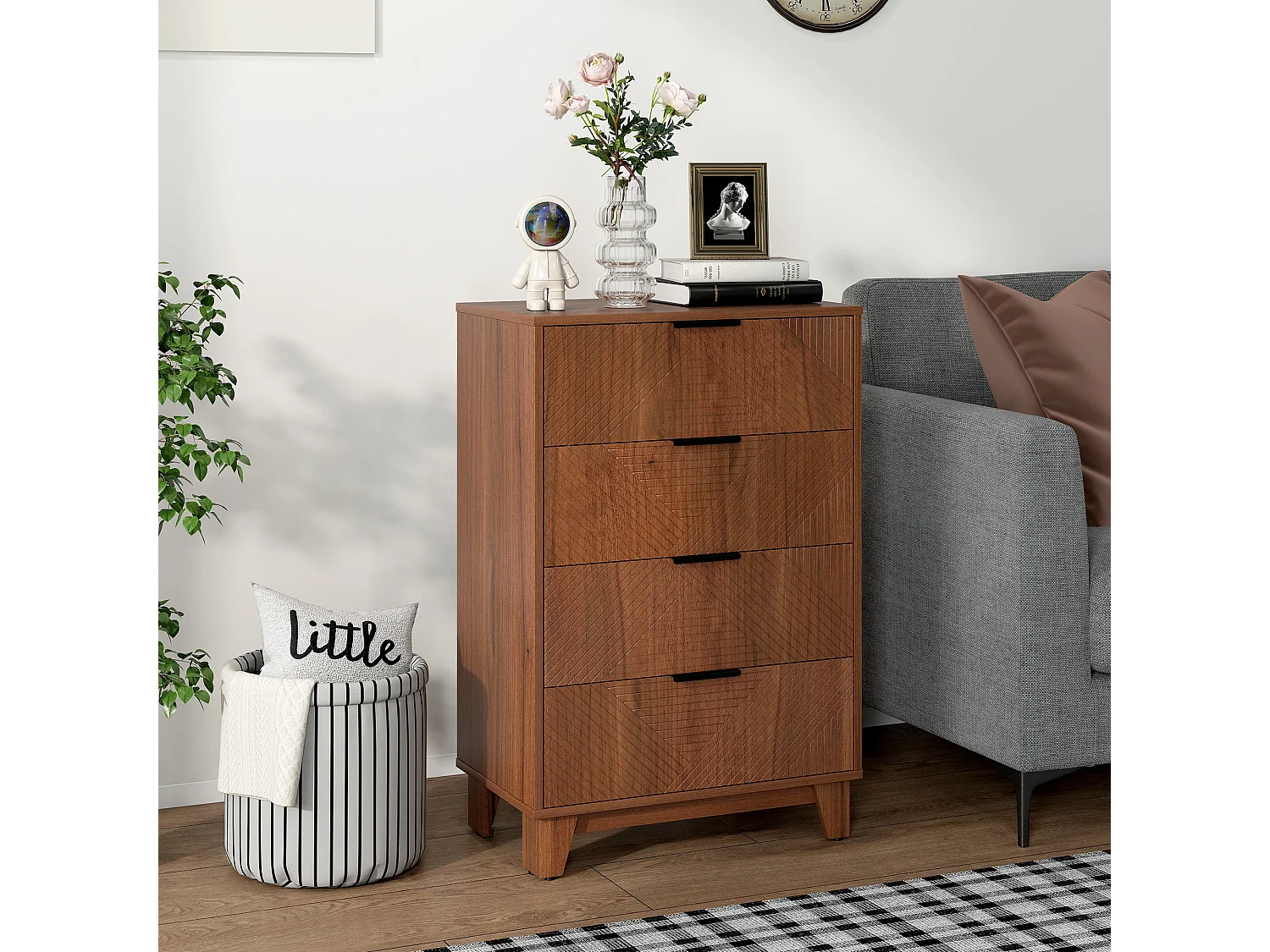 Commode 4 tiroirs style exotique effet bois de noyer sculpté dim. 60 x 36 x 90 cm