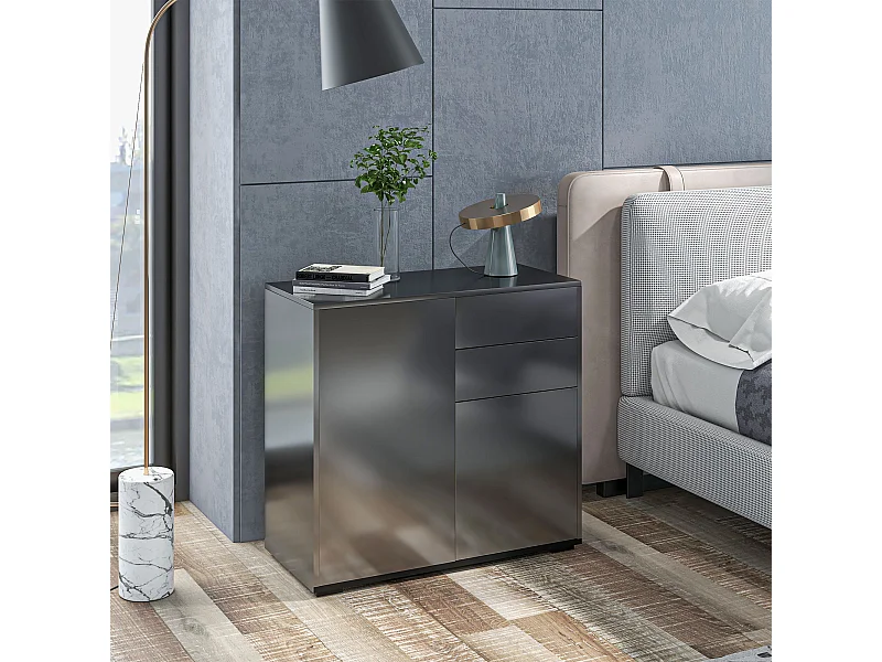 Commode buffet meuble de rangement 2 tiroirs 2 portes avec étagère 79 x 36 x 74 cm noir laqué