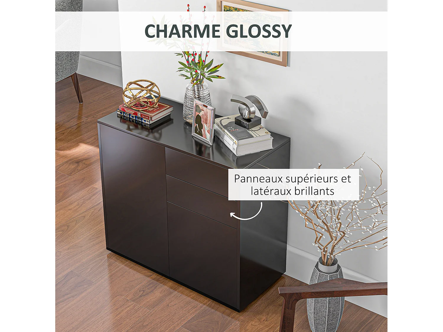 Commode buffet meuble de rangement 2 tiroirs 2 portes avec étagère 79 x 36 x 74 cm noir laqué