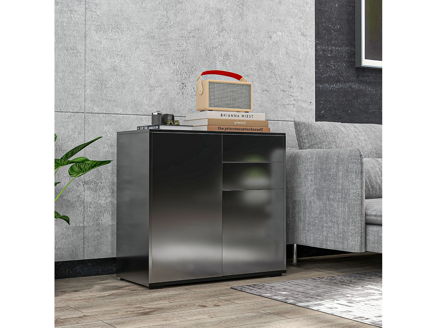 Commode buffet meuble de rangement 2 tiroirs 2 portes avec étagère 79 x 36 x 74 cm noir laqué