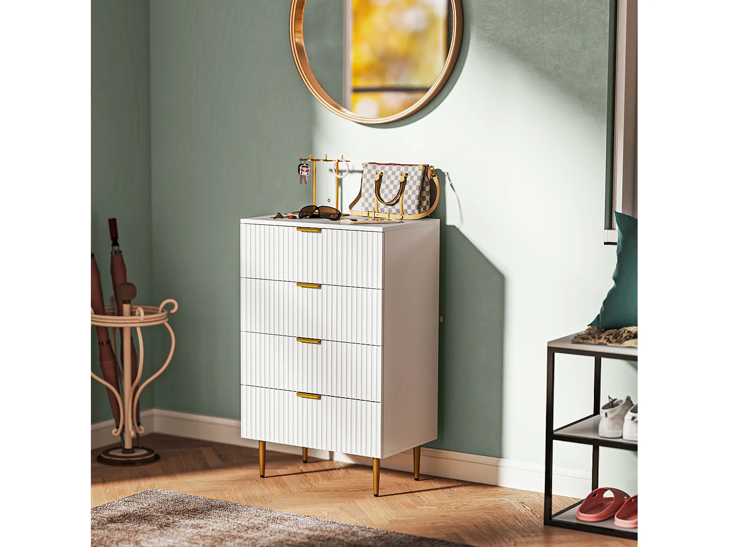 Commode 4 tiroirs design effet cannelé piètement poignées métal doré blanc