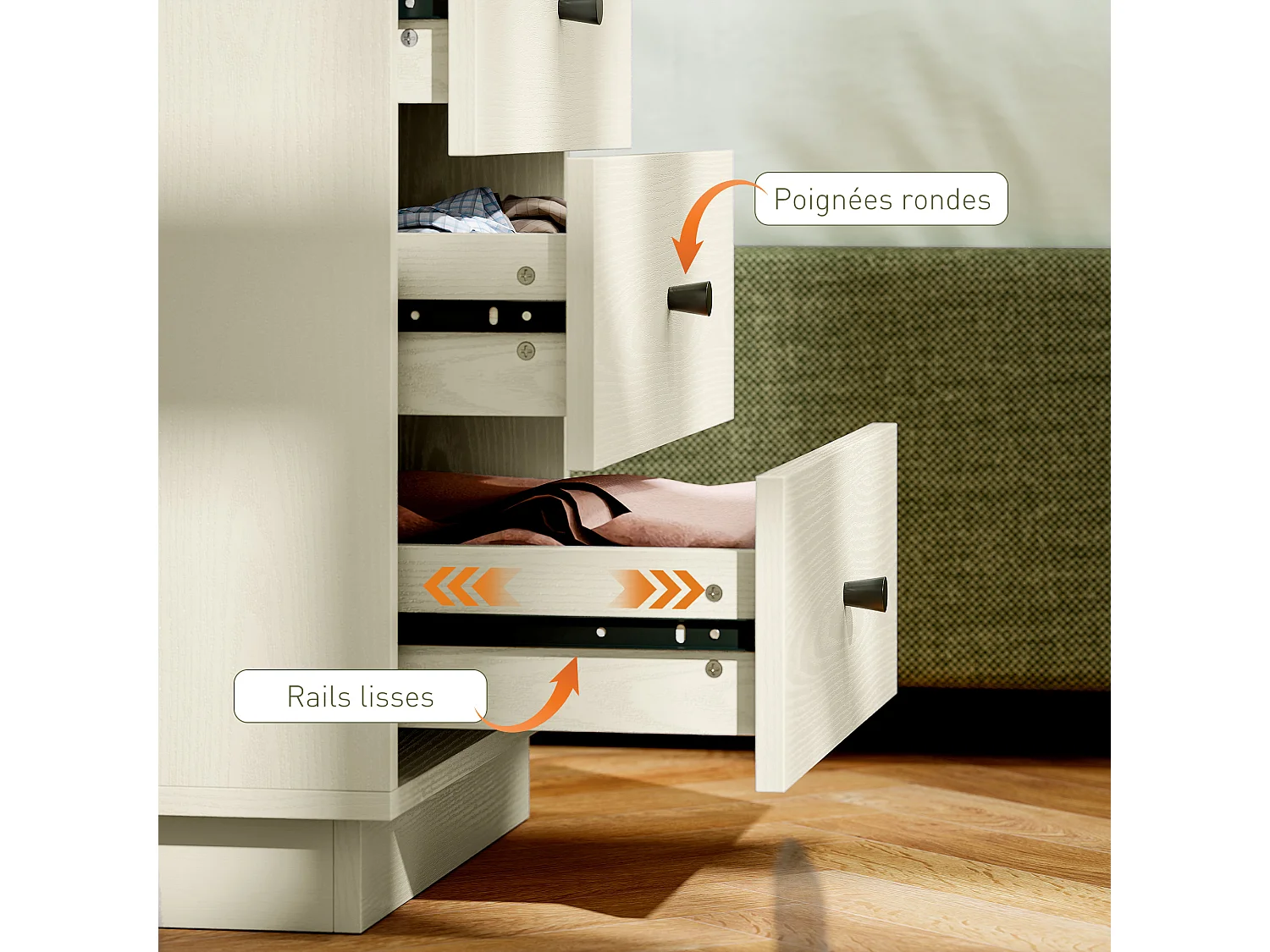 Commode 4 tiroirs dim. 47L x 29l x 75H cm poignées coniques métal noir effet bois blanc