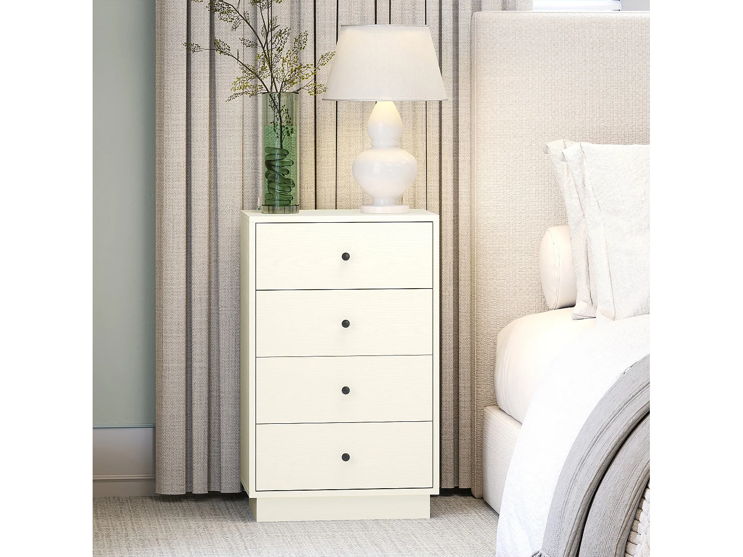 Commode 4 tiroirs dim. 47L x 29l x 75H cm poignées coniques métal noir effet bois blanc