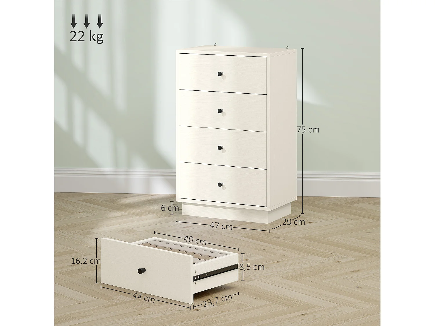 Commode 4 tiroirs dim. 47L x 29l x 75H cm poignées coniques métal noir effet bois blanc