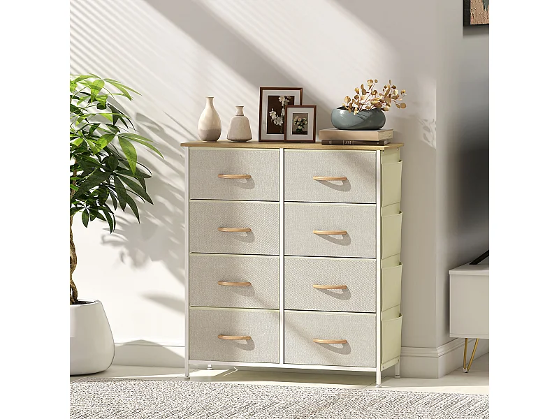 Commode 8 tiroirs en tissu beige 4 poches 2 crochets acier blanc effet bois