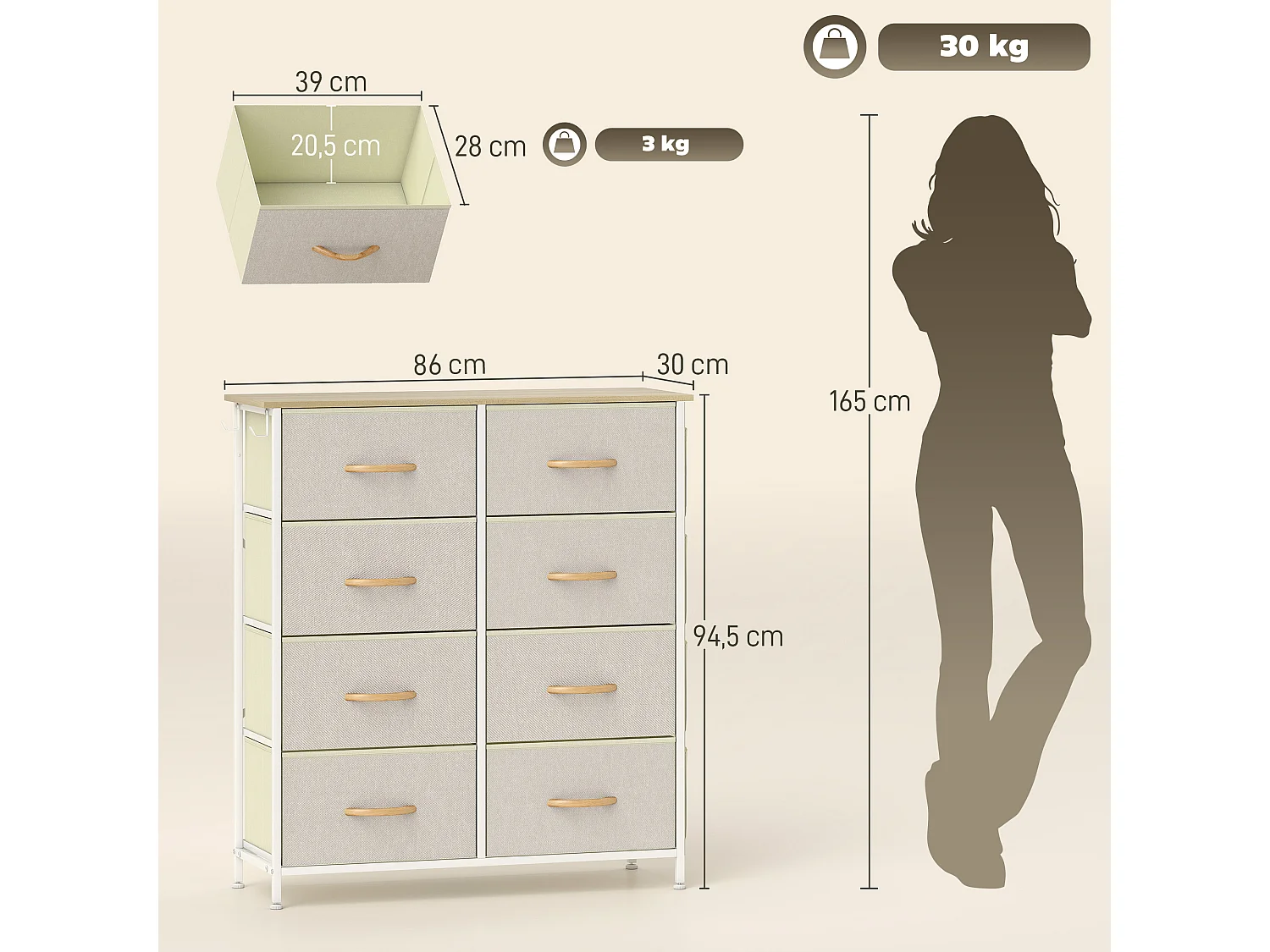 Commode 8 tiroirs en tissu beige 4 poches 2 crochets acier blanc effet bois