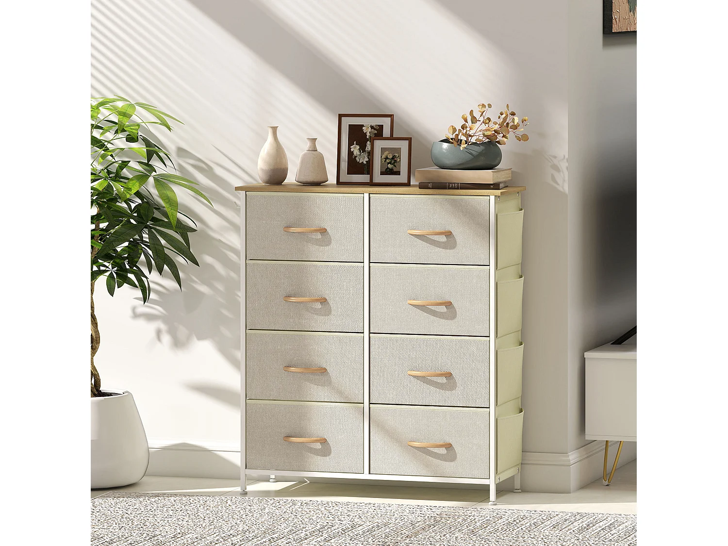 Commode 8 tiroirs en tissu beige 4 poches 2 crochets acier blanc effet bois