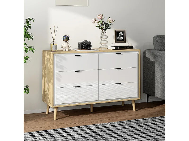 Commode style nordique 6 tiroirs façade blanc laqué effet bois clair