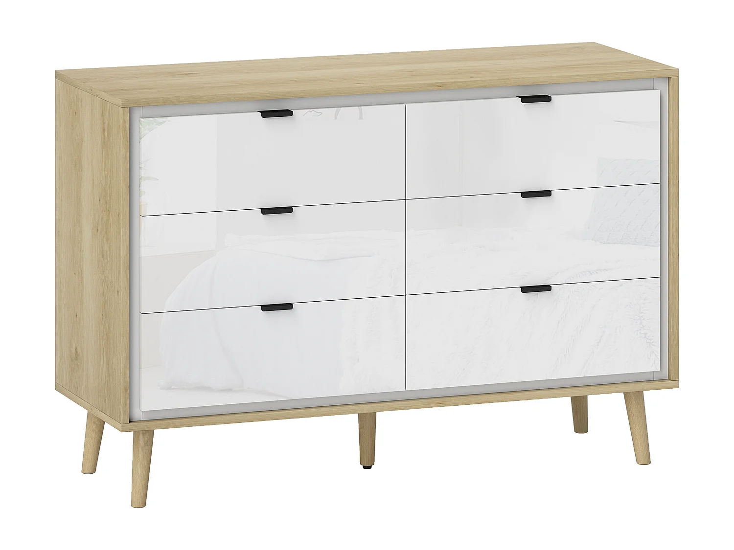 Commode style nordique 6 tiroirs façade blanc laqué effet bois clair