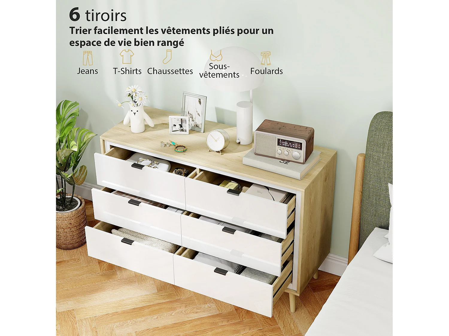 Commode style nordique 6 tiroirs façade blanc laqué effet bois clair