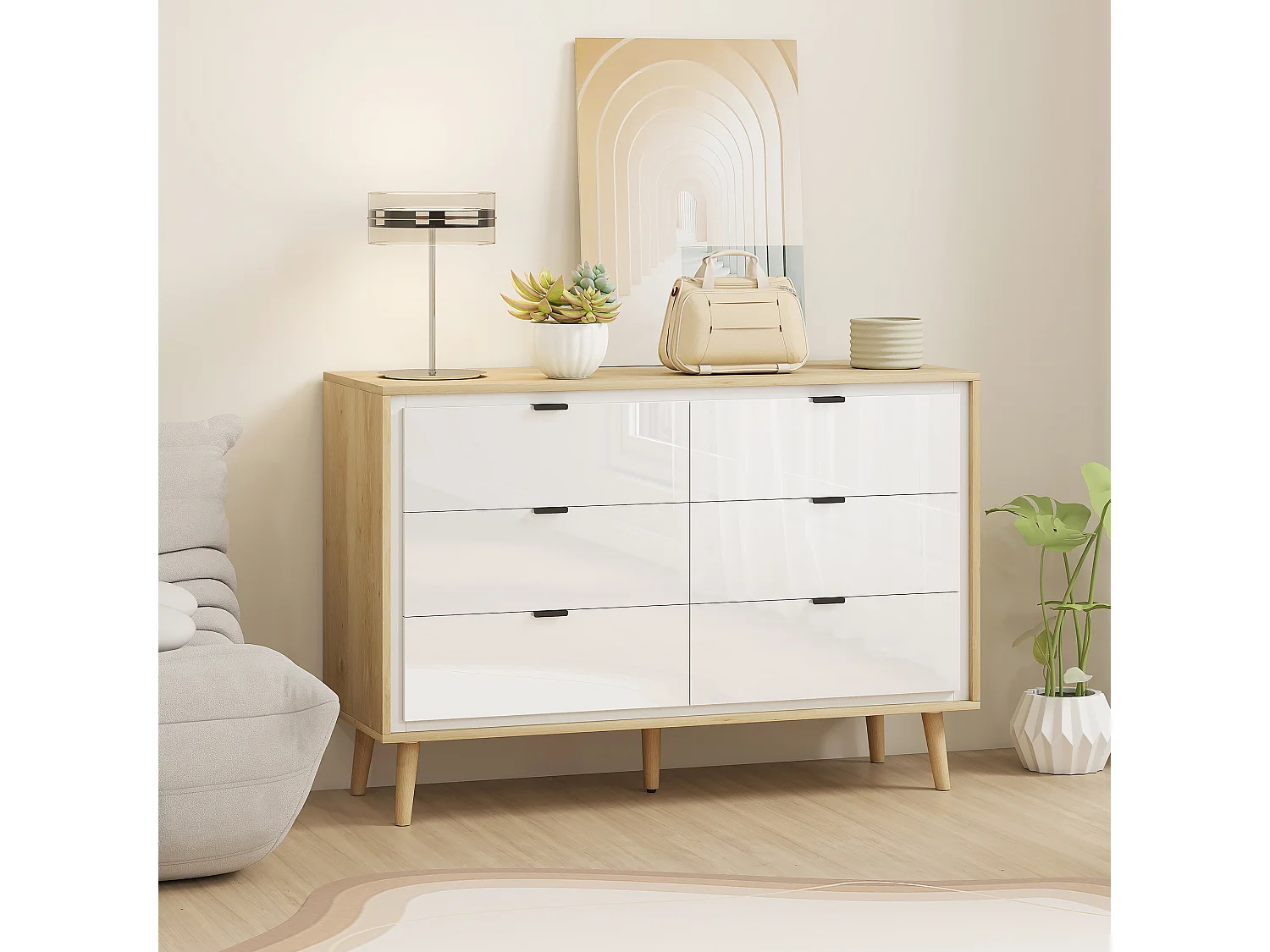 Commode style nordique 6 tiroirs façade blanc laqué effet bois clair