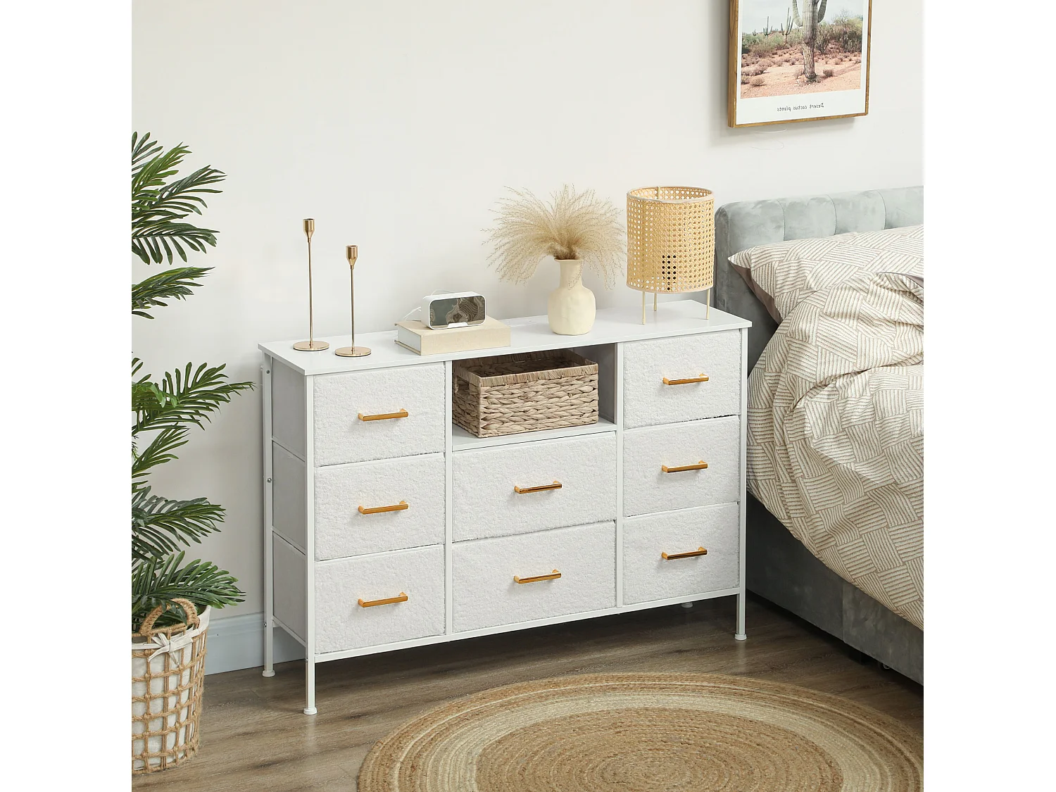 Commode design effet bouclette 8 tiroirs non tissés niche poignées métal doré acier blanc