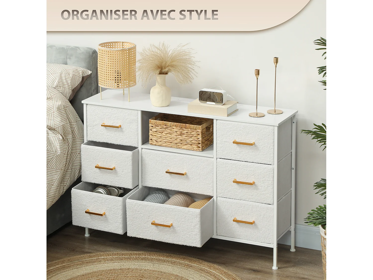 Commode design effet bouclette 8 tiroirs non tissés niche poignées métal doré acier blanc