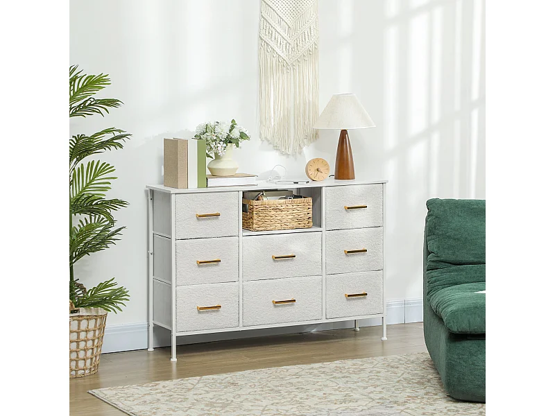 Commode design effet bouclette 8 tiroirs non tissés niche poignées métal doré acier blanc