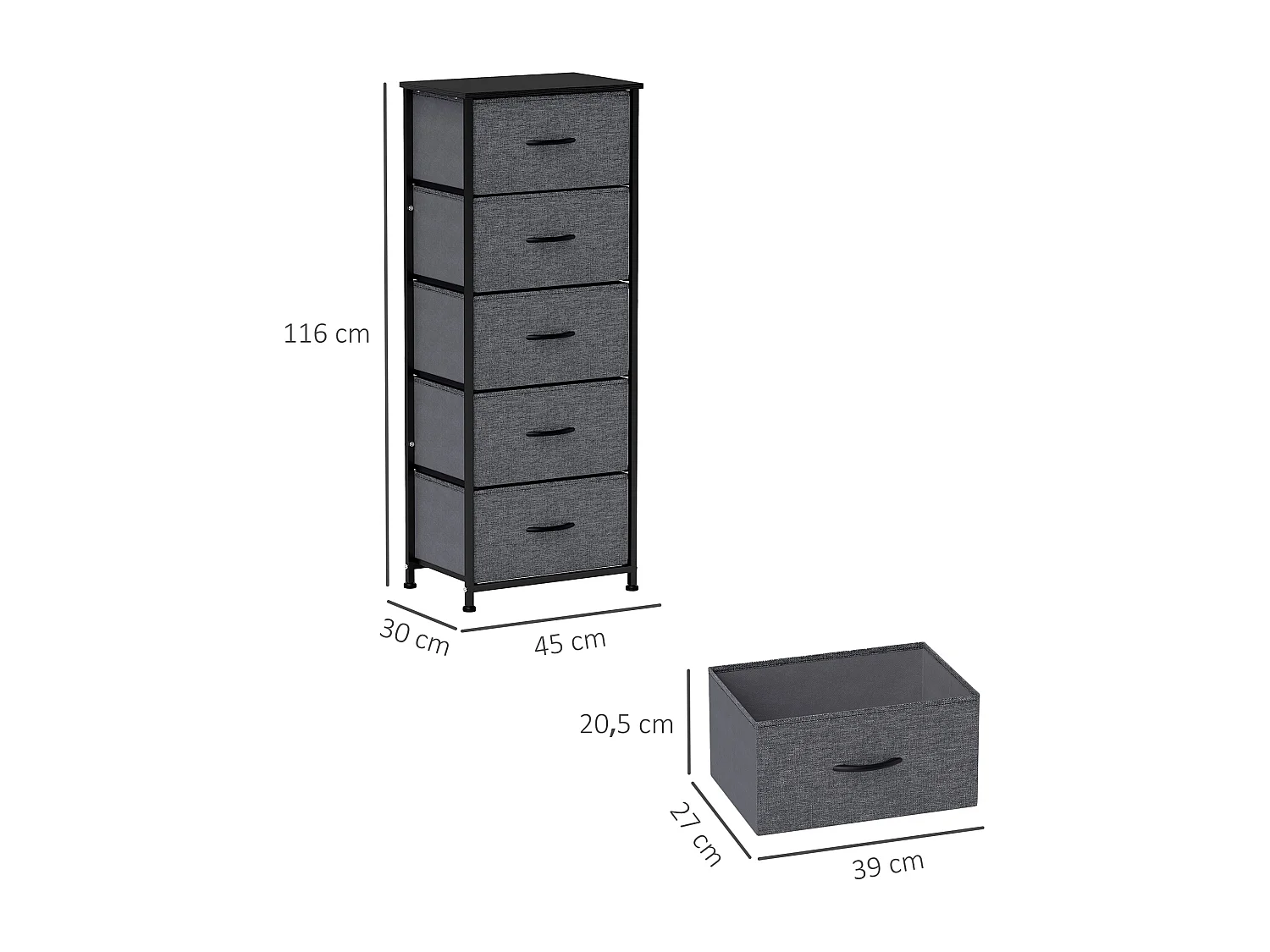 Chiffonnier rangement 5 tiroirs - dim. 45L x 30l x 116H cm - structure acier noir tissu pliant anthracite