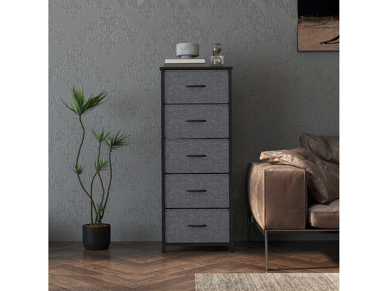 Chiffonnier rangement 5 tiroirs - dim. 45L x 30l x 116H cm - structure acier noir tissu pliant anthracite