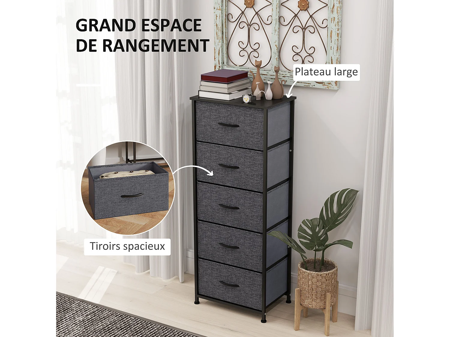 Chiffonnier rangement 5 tiroirs - dim. 45L x 30l x 116H cm - structure acier noir tissu pliant anthracite