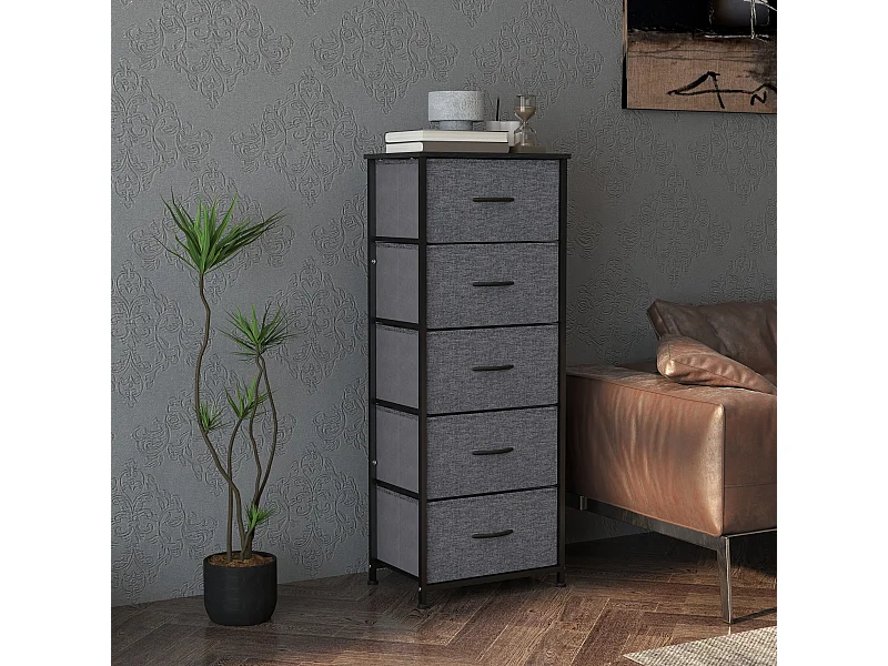 Chiffonnier rangement 5 tiroirs - dim. 45L x 30l x 116H cm - structure acier noir tissu pliant anthracite