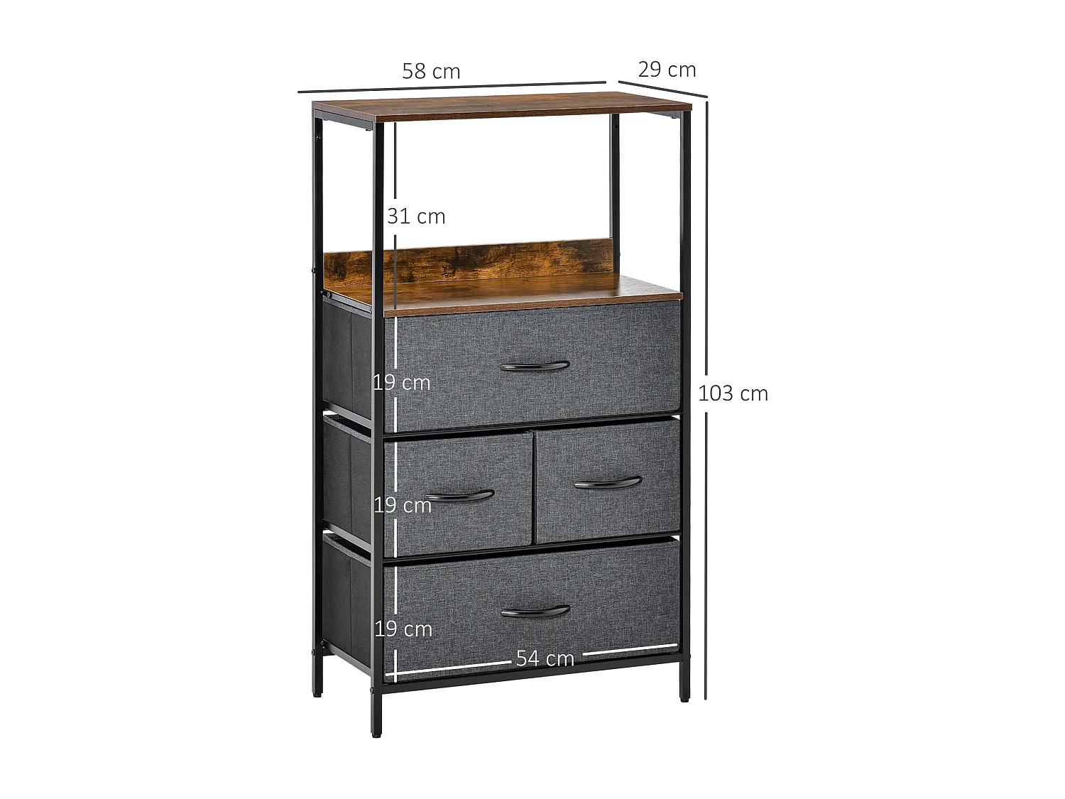 Commode meuble de rangement chiffonnier 4 tiroirs amovibles 1 étagère 58 x 29 x 103 cm gris effet bois