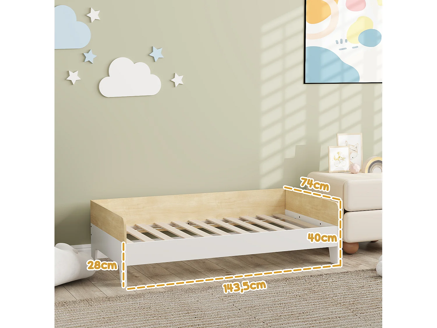 Lit pour enfant 3-8 ans style nordique - sommier à lattes inclus - blanc effet bois clair