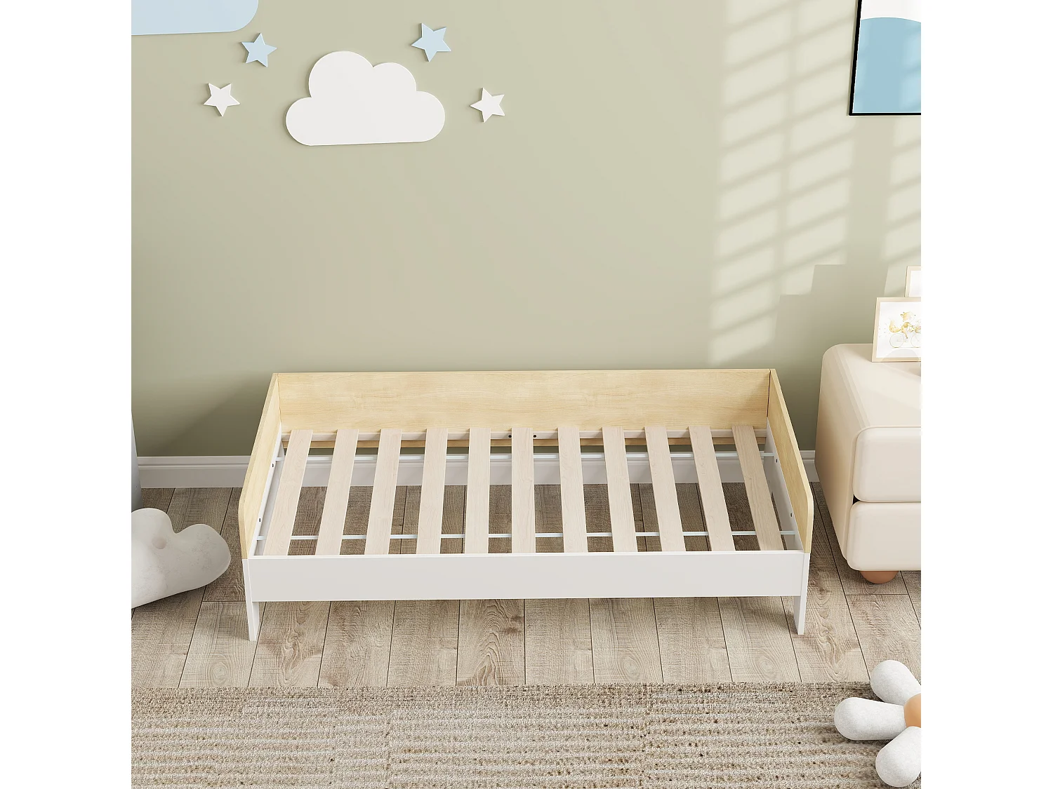 Lit pour enfant 3-8 ans style nordique - sommier à lattes inclus - blanc effet bois clair