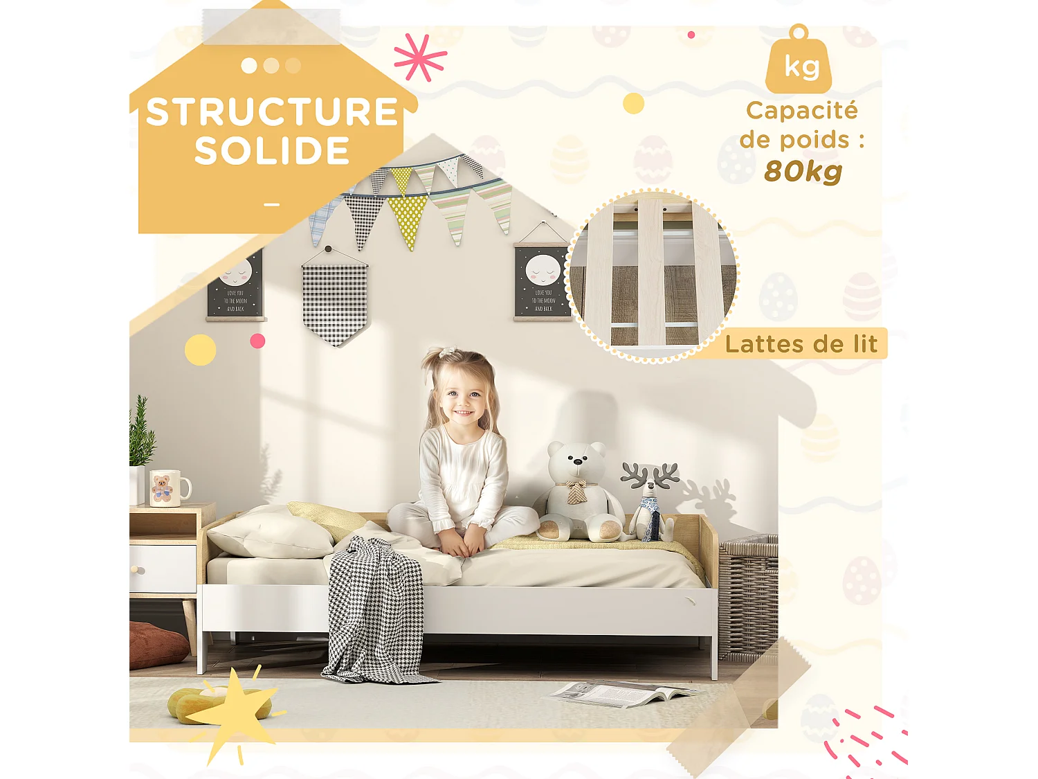 Lit pour enfant 3-8 ans style nordique - sommier à lattes inclus - blanc effet bois clair