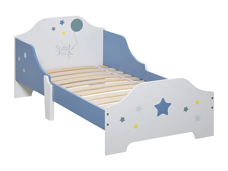 Lit enfant design étoiles - 3-6 ans - dim. 143L x 74l cm - sommier à lattes inclus - bleu blanc