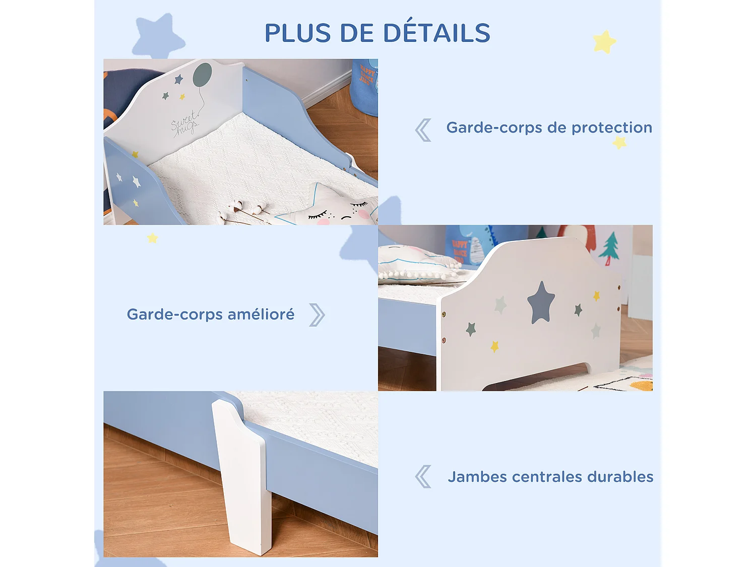 Lit enfant design étoiles - 3-6 ans - dim. 143L x 74l cm - sommier à lattes inclus - bleu blanc