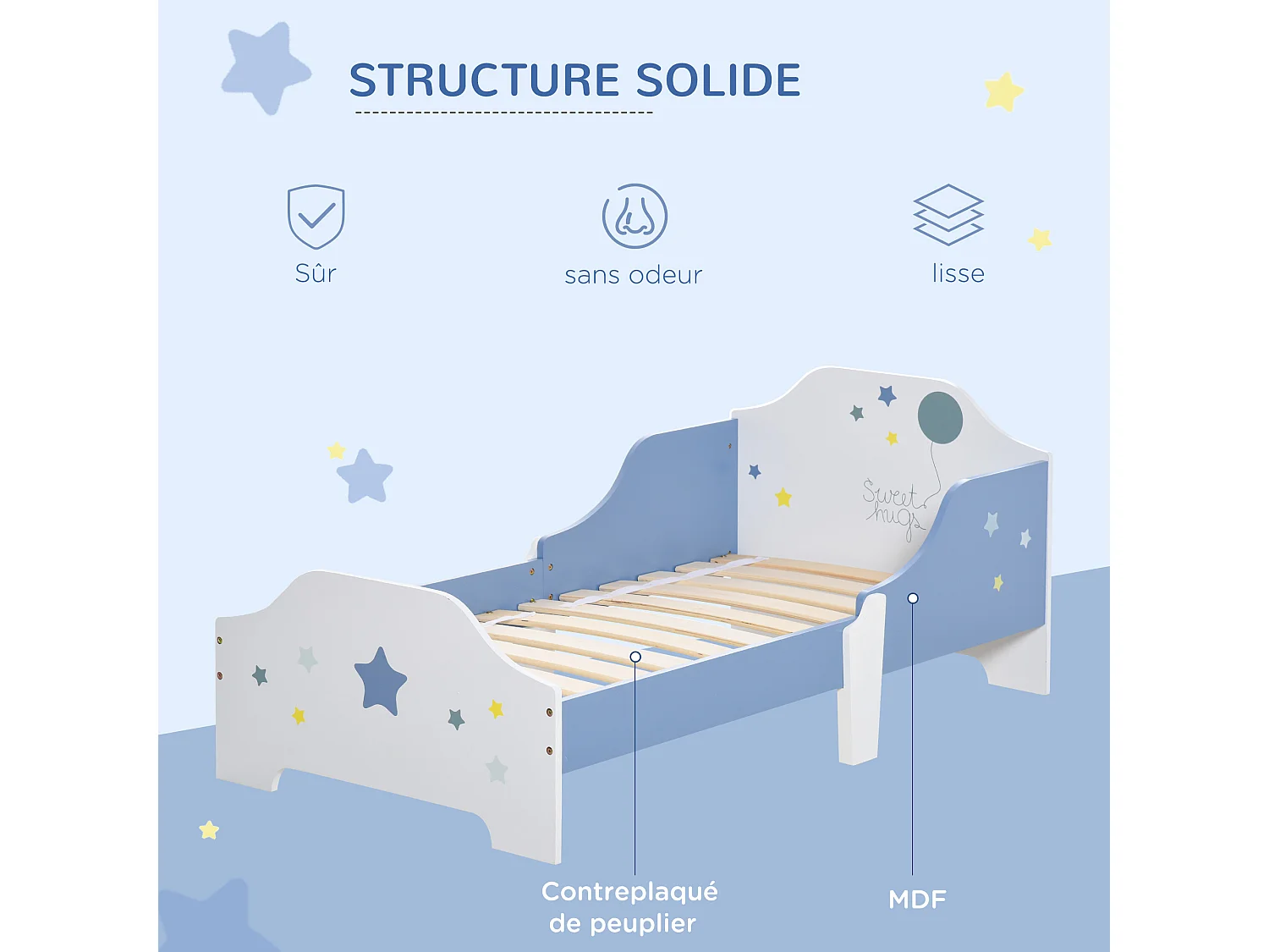 Lit enfant design étoiles - 3-6 ans - dim. 143L x 74l cm - sommier à lattes inclus - bleu blanc