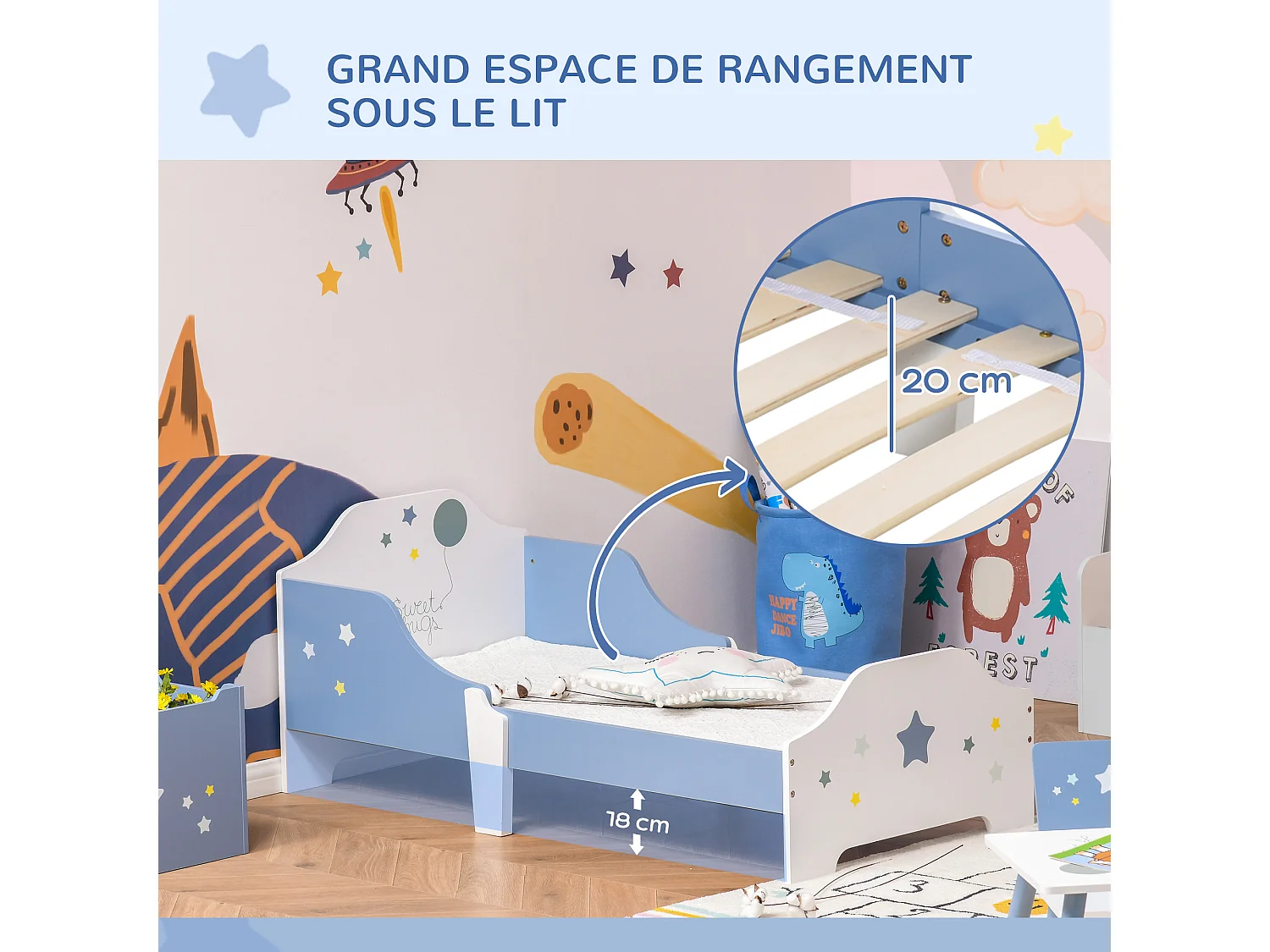 Lit enfant design étoiles - 3-6 ans - dim. 143L x 74l cm - sommier à lattes inclus - bleu blanc