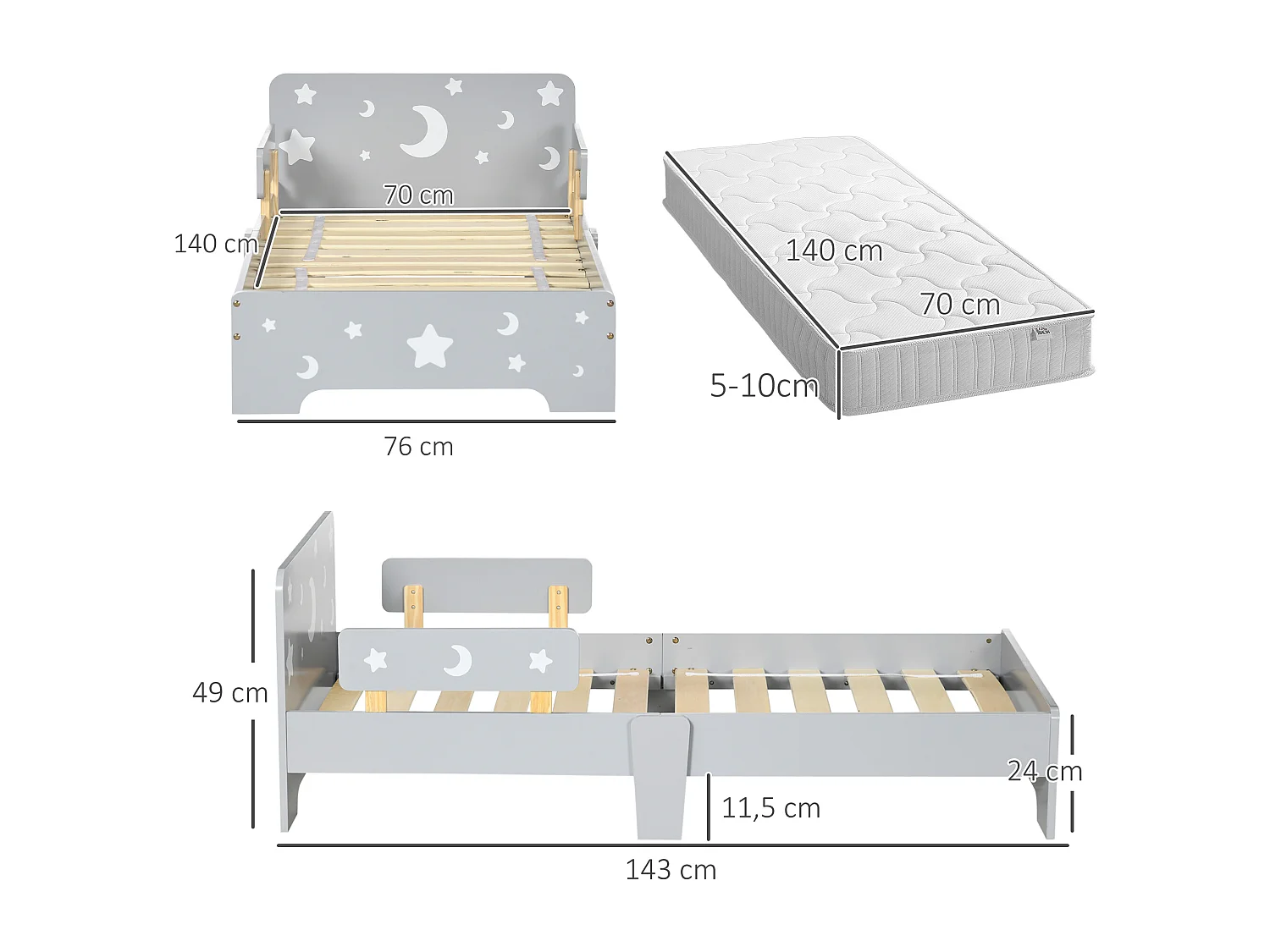 Lit enfant design étoiles lune - 3-6 ans - dim. 143L x 74l cm - sommier à lattes inclus - gris