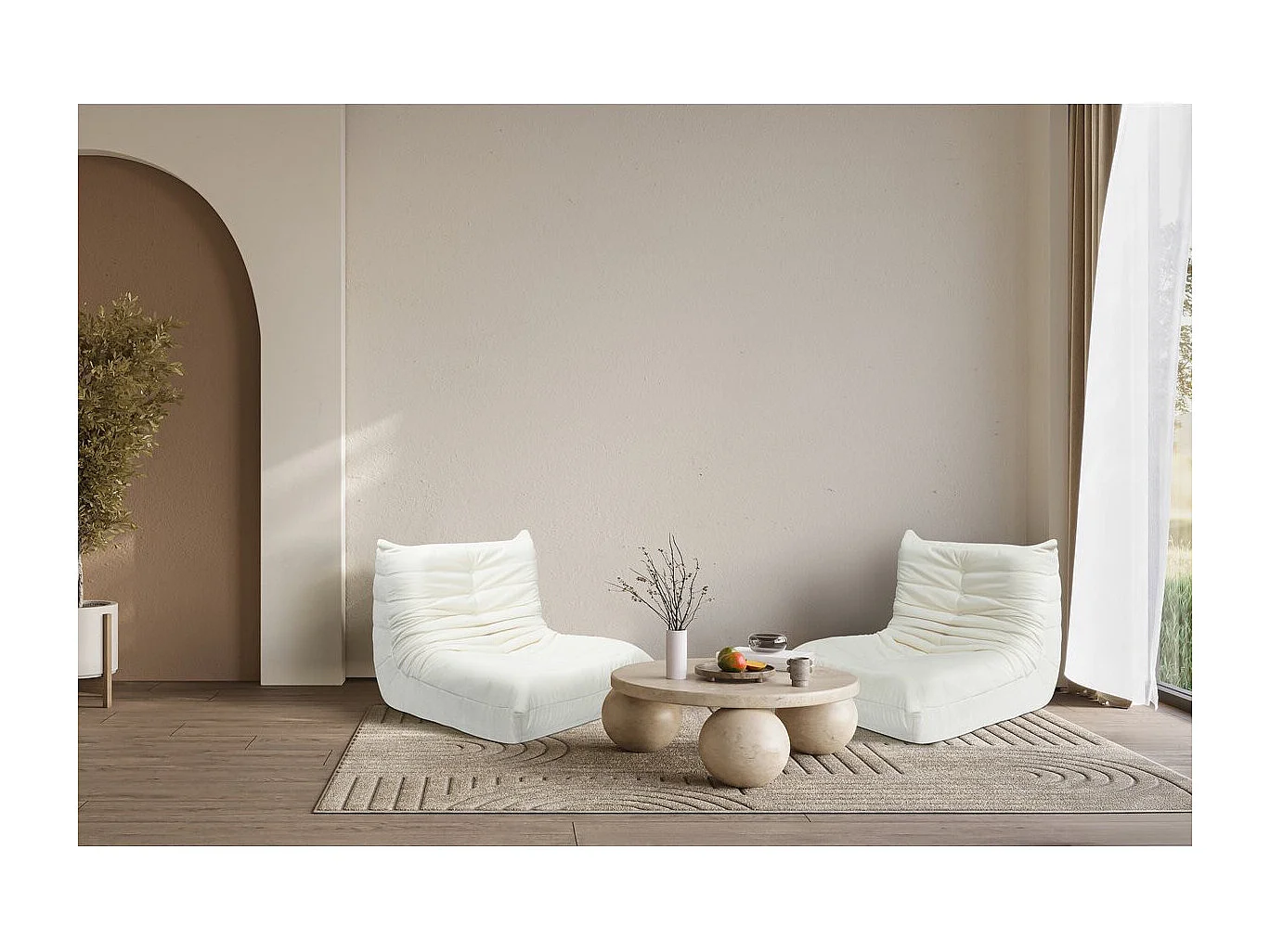 Chauffeuse en tissu chenille "Velasca" - 95 x 100 x 75 cm - Crème