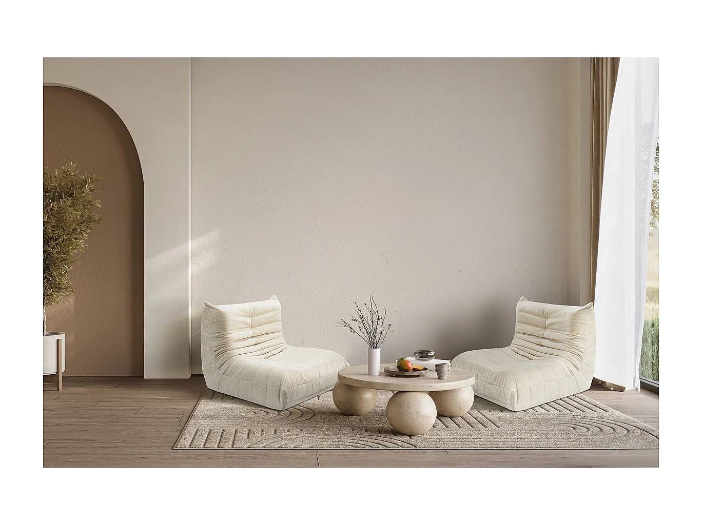 Chauffeuse en tissu texturé "Velasca" - 95 x 100 x 75 cm - Beige