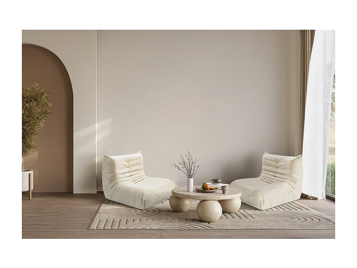 Lot de 2 chauffeuses pour canapé modulables en tissu texturé "Velasca" - Beige