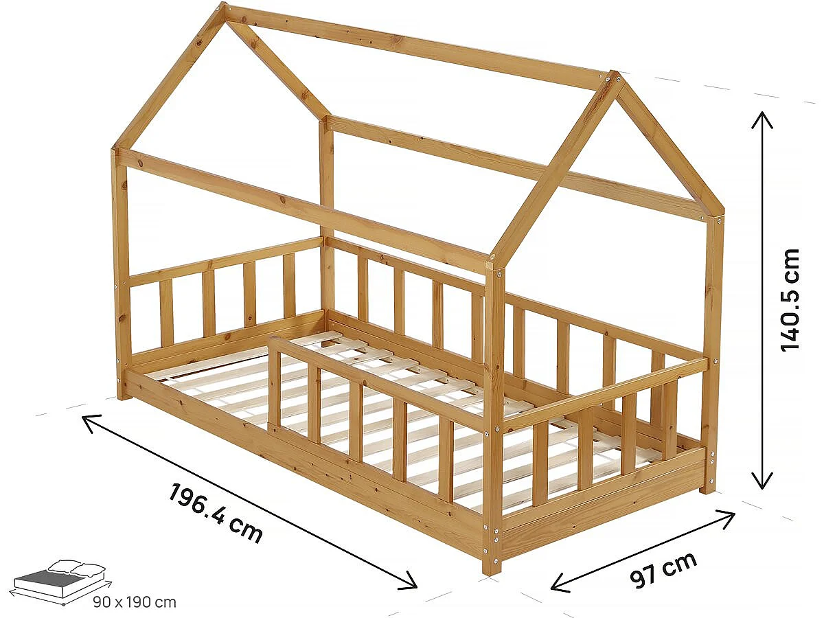 Lit cabane en bois pour enfant "Mila" - 90 x 190 cm - Marron