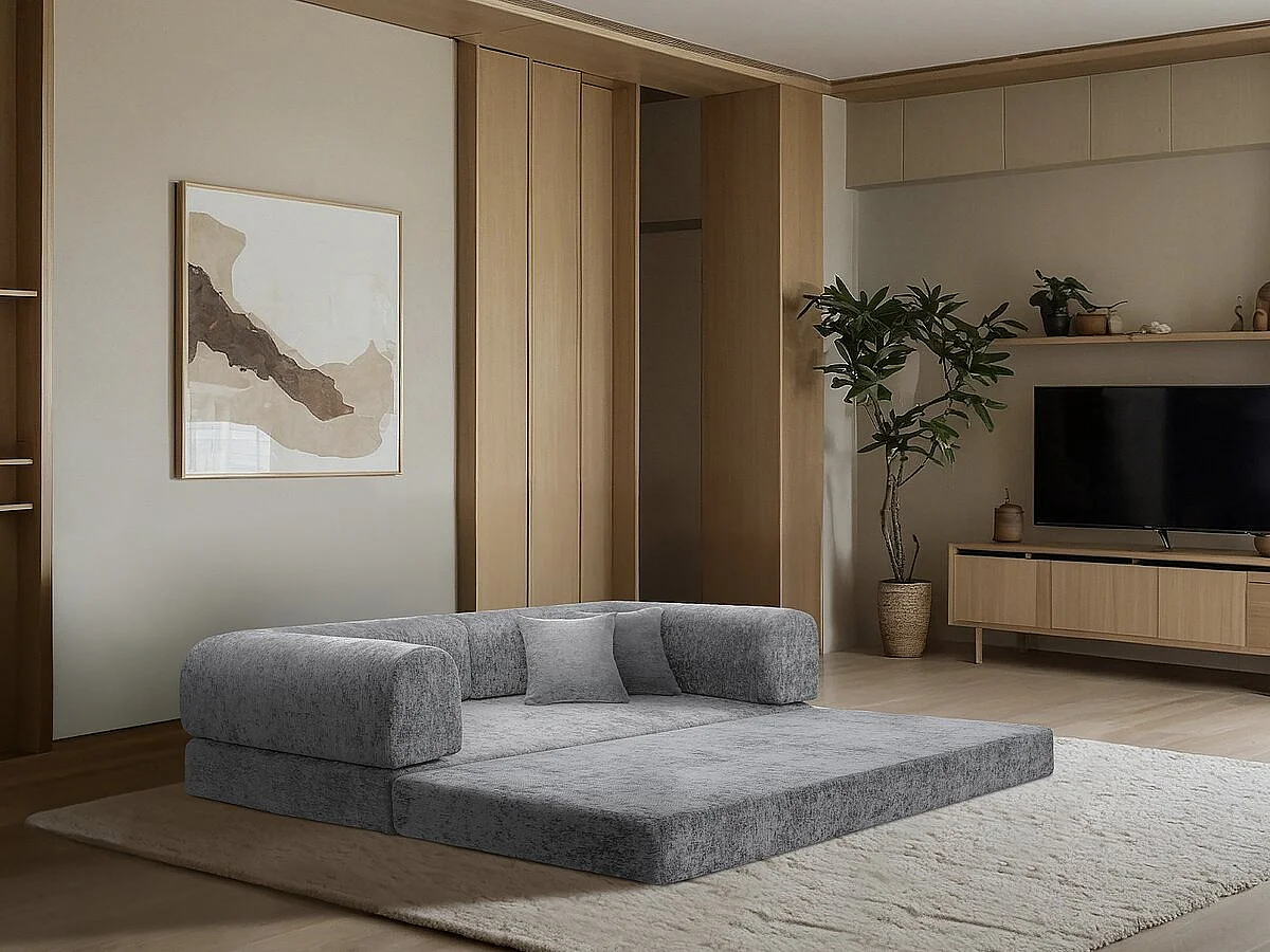 Canapé droit convertible en tissu texturé "Elior" - 3 places - Gris foncé