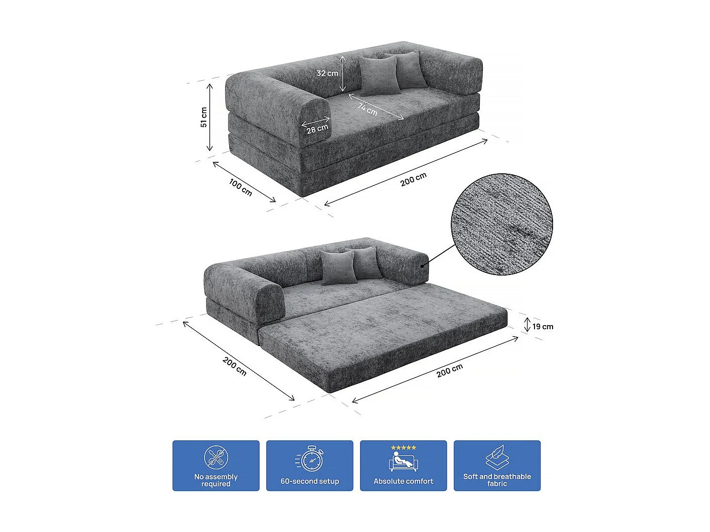 Canapé droit convertible en tissu texturé "Elior" - 3 places - Gris foncé