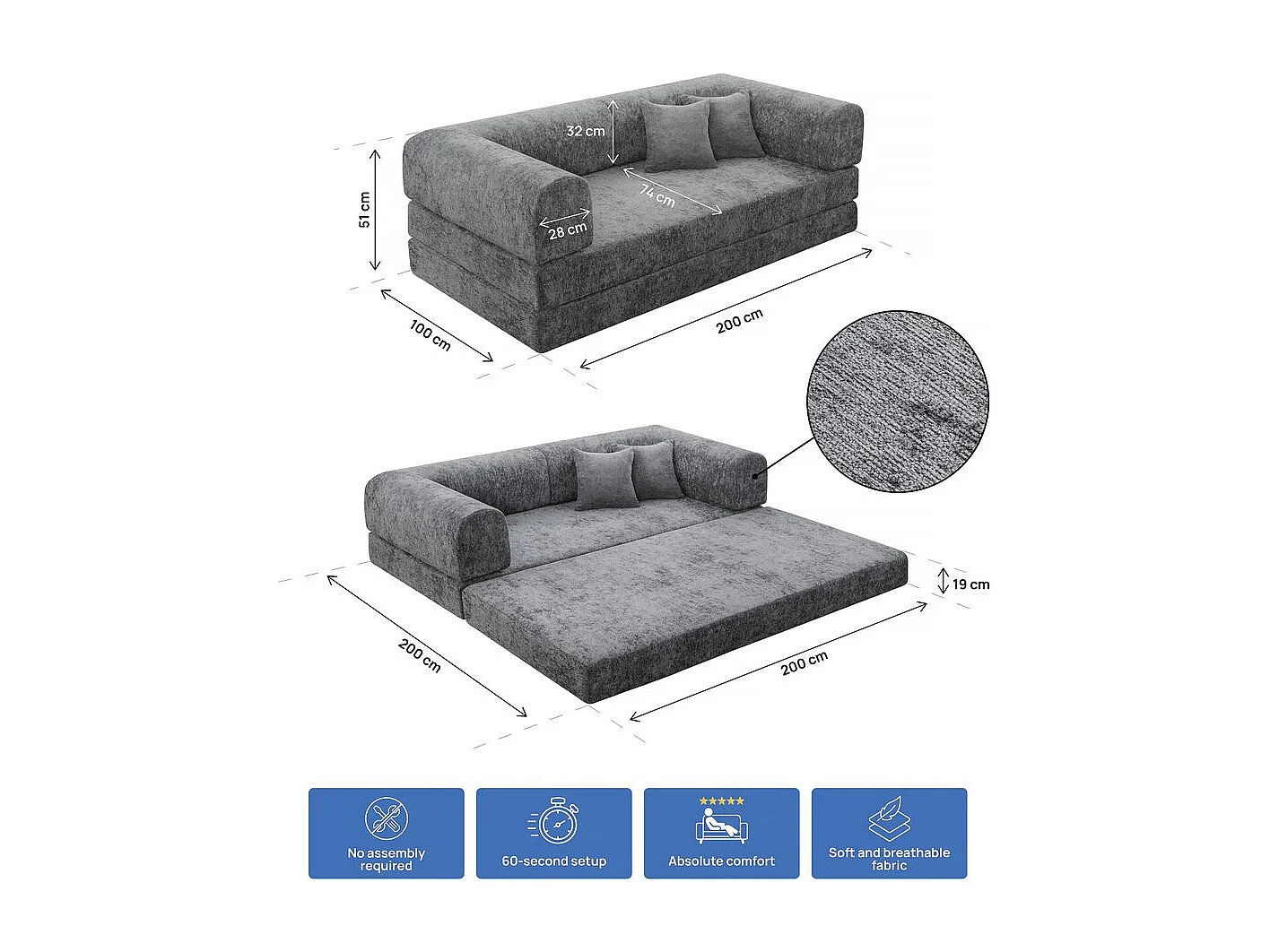 Canapé droit convertible en tissu texturé "Elior" - 3 places - Gris foncé