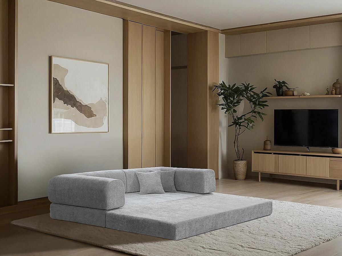 Canapé droit convertible en tissu texturé "Elior" - 3 places - Gris