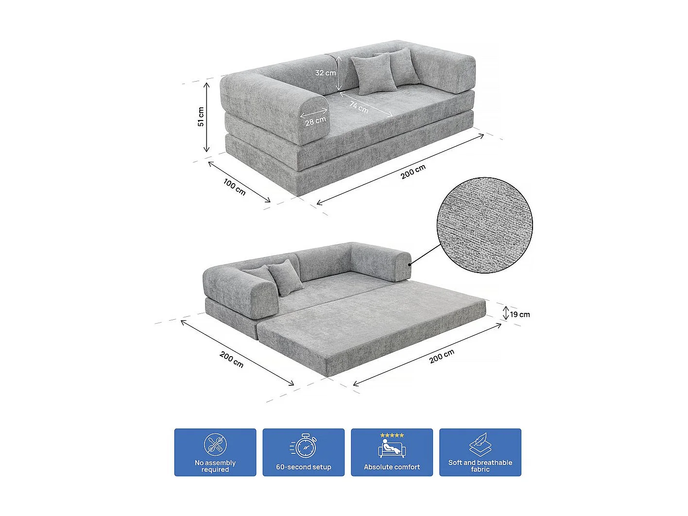 Canapé droit convertible en tissu texturé "Elior" - 3 places - Gris