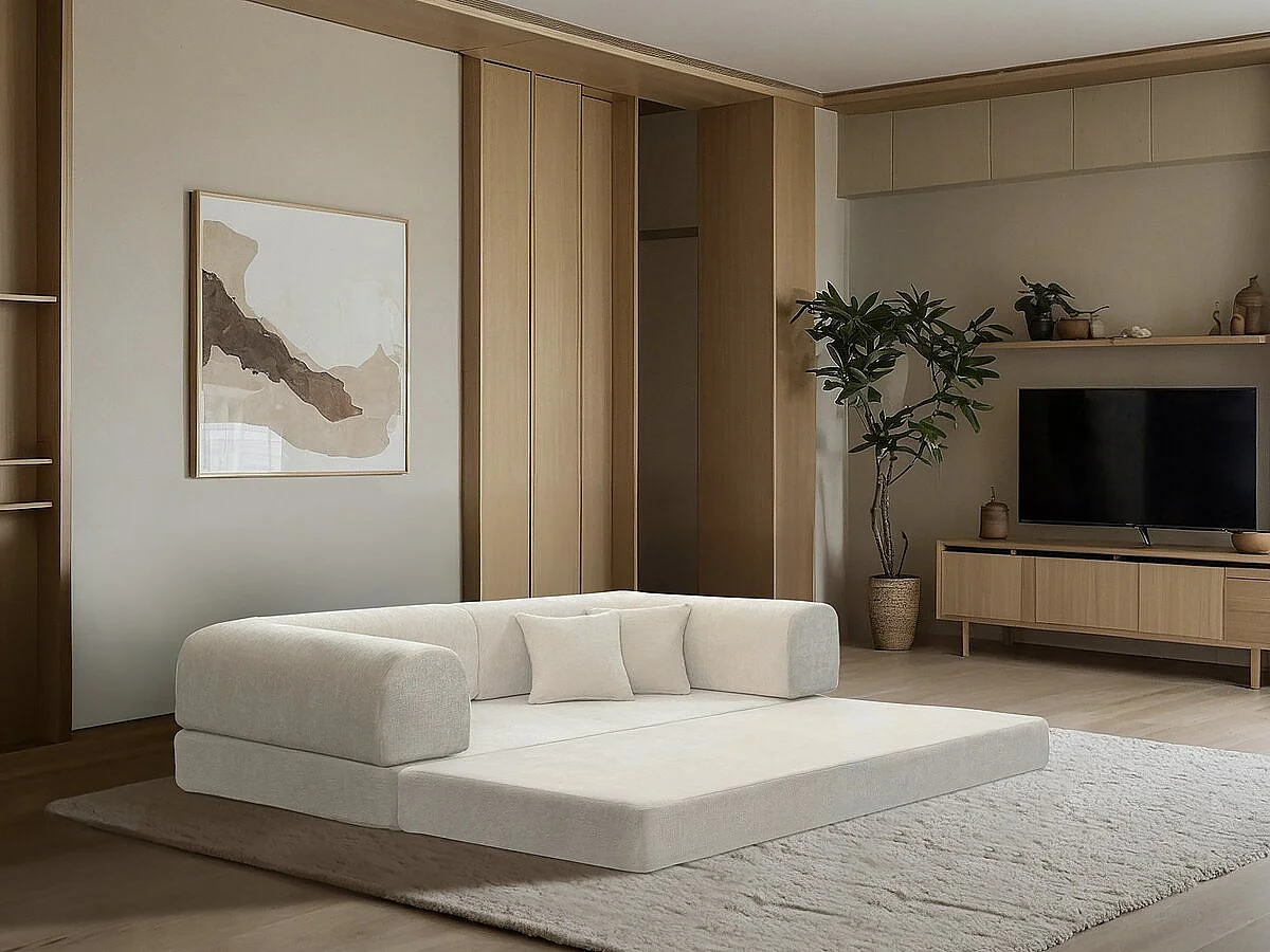 Canapé droit convertible en tissu texturé "Elior" - 3 places - Beige