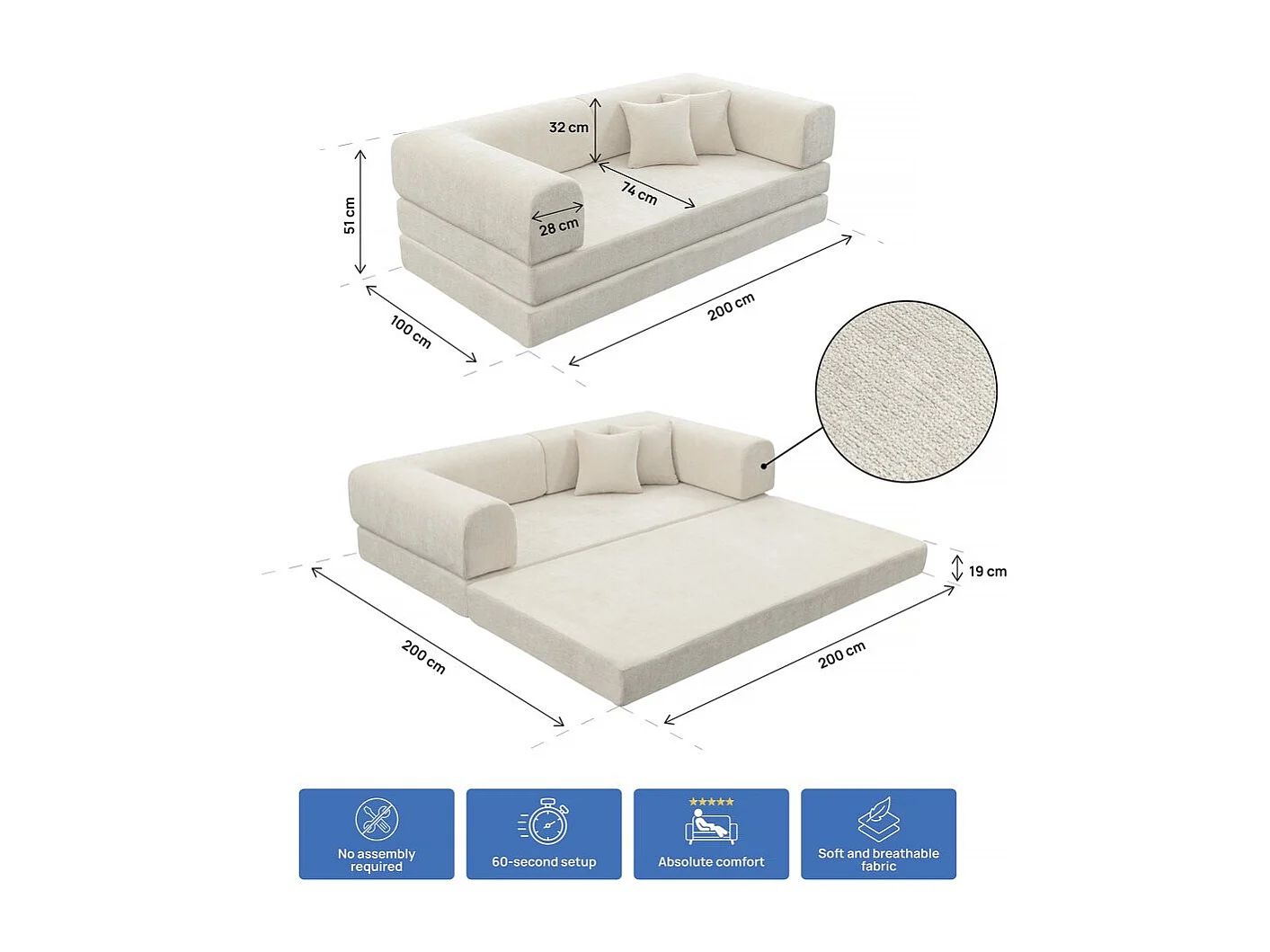 Divano letto dritto "Elior" in tessuto testurizzato - 3 posti - Beige