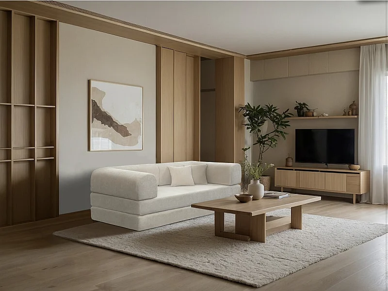 Canapé droit convertible en tissu texturé "Elior" - 3 places - Beige