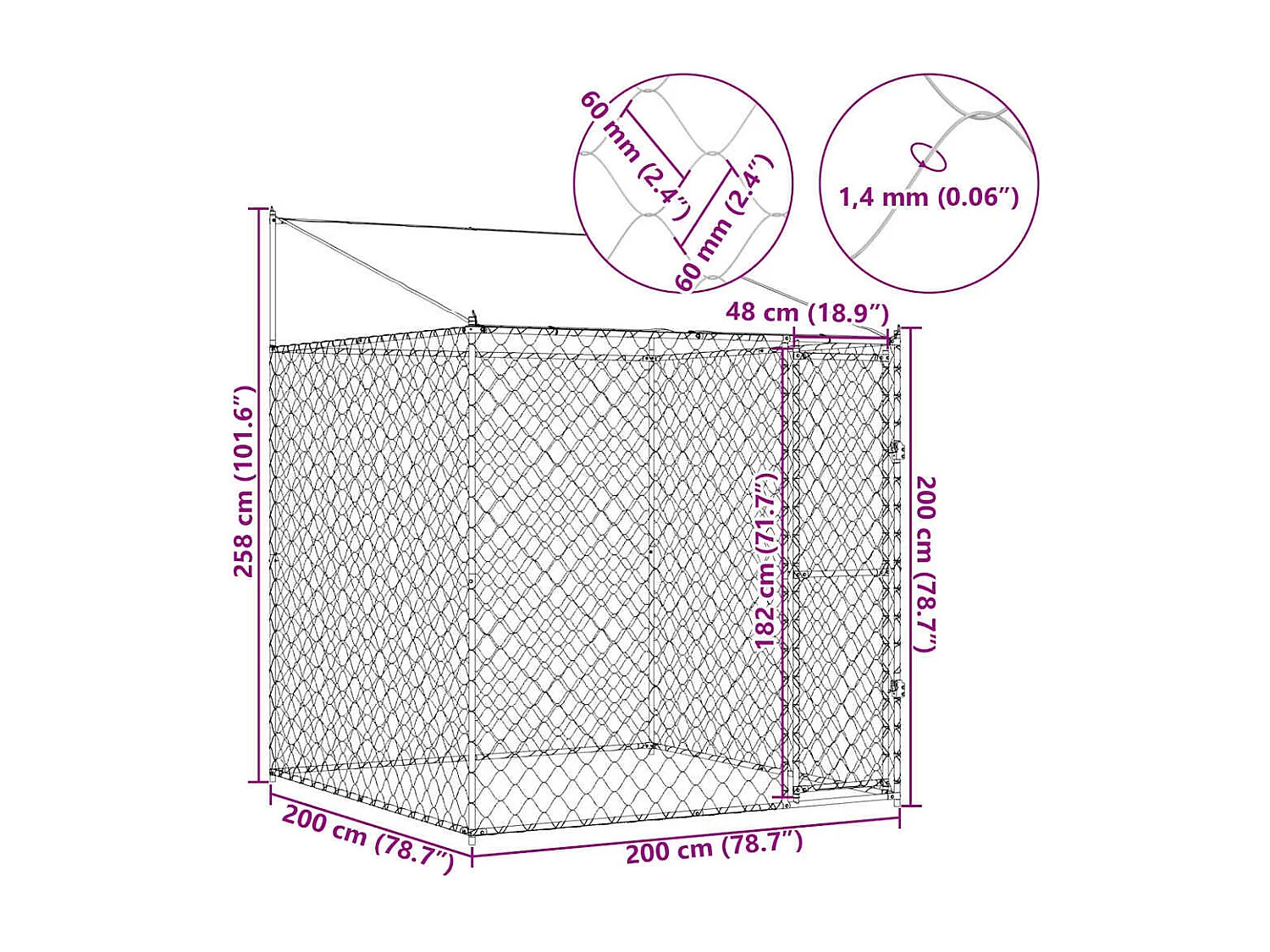 Cage pour chien 200 x 200 x 258 cm Acier et PE