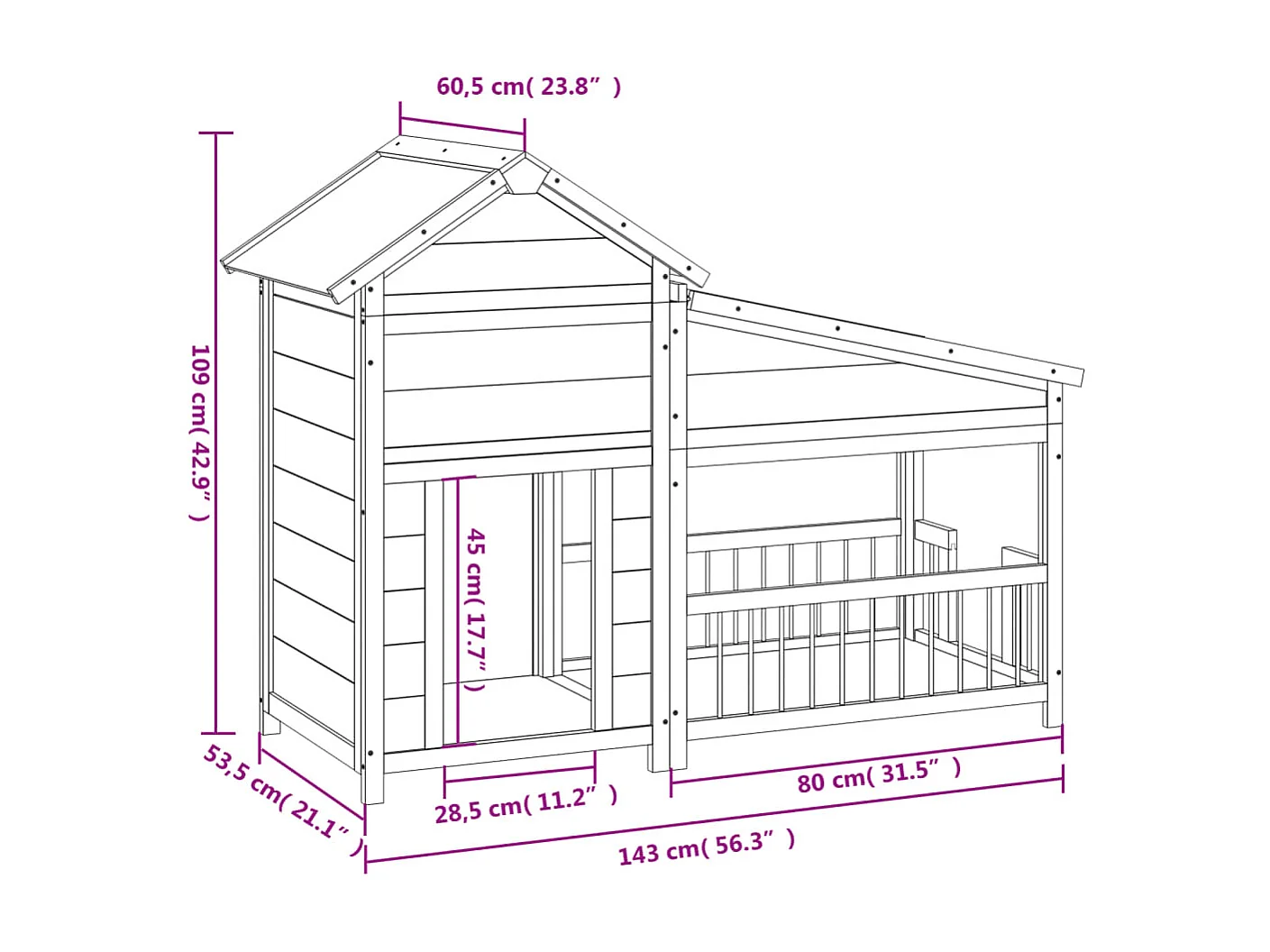 Caseta para perros madera maciza de pino gris 143x60,5x109 cm