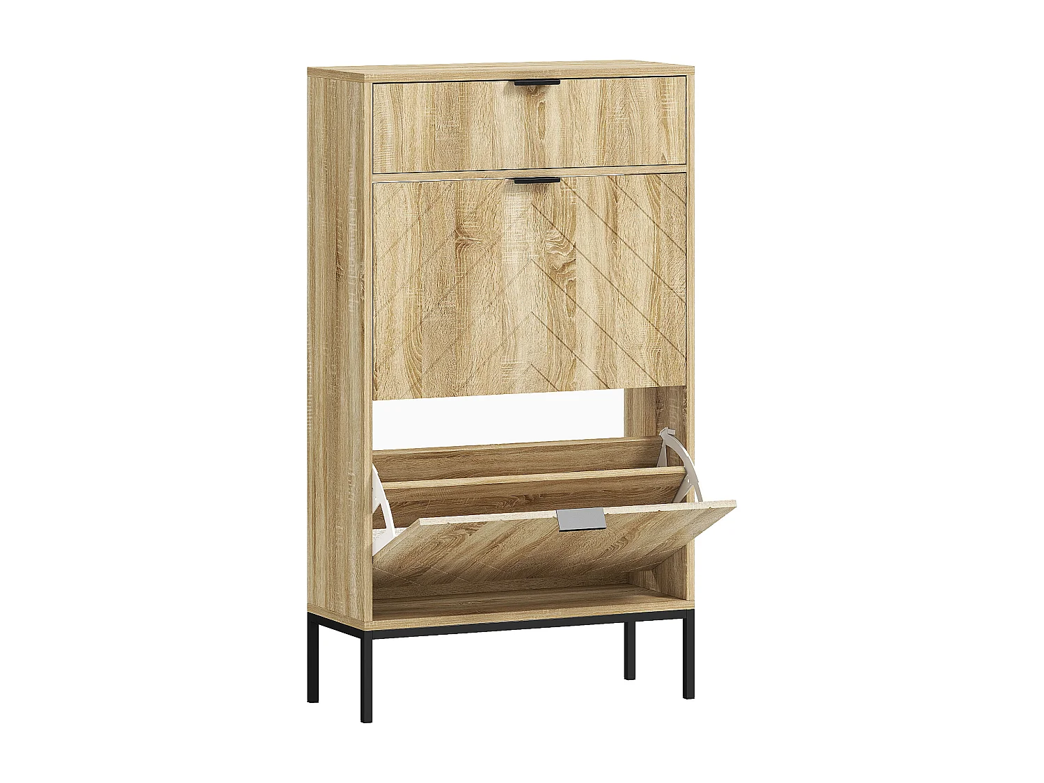 Meuble à chaussures design sur pied - 2 portes, tiroir coulissant - acier noir effet bois