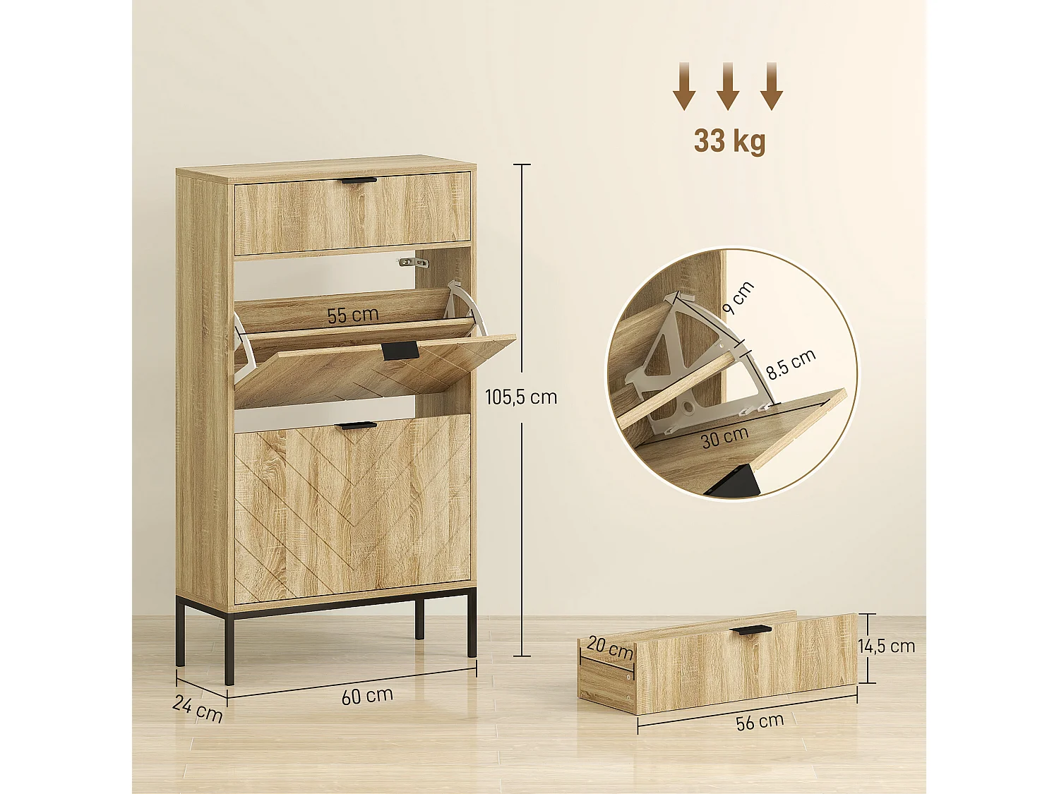 Meuble à chaussures design sur pied - 2 portes, tiroir coulissant - acier noir effet bois