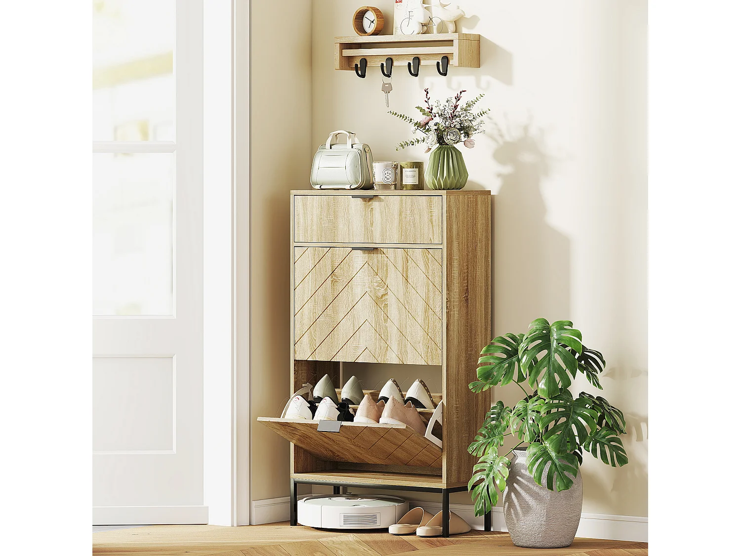 Meuble à chaussures design sur pied - 2 portes, tiroir coulissant - acier noir effet bois