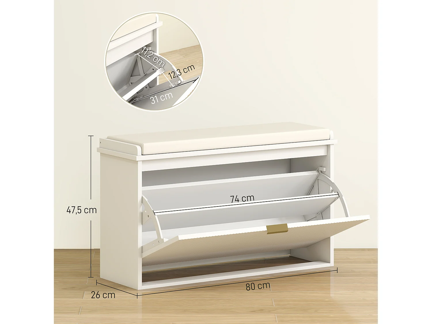 Banc meuble à chaussures design 2 en 1 - porte, séparateur réglable amovible - blanc doré